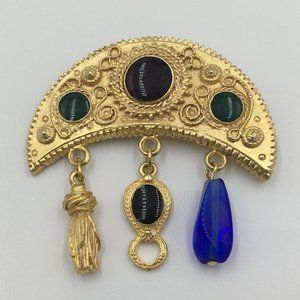 Gold Tone Egyptian Revival Crescent Moon Brooch Dangling Charms,Blue Black Green